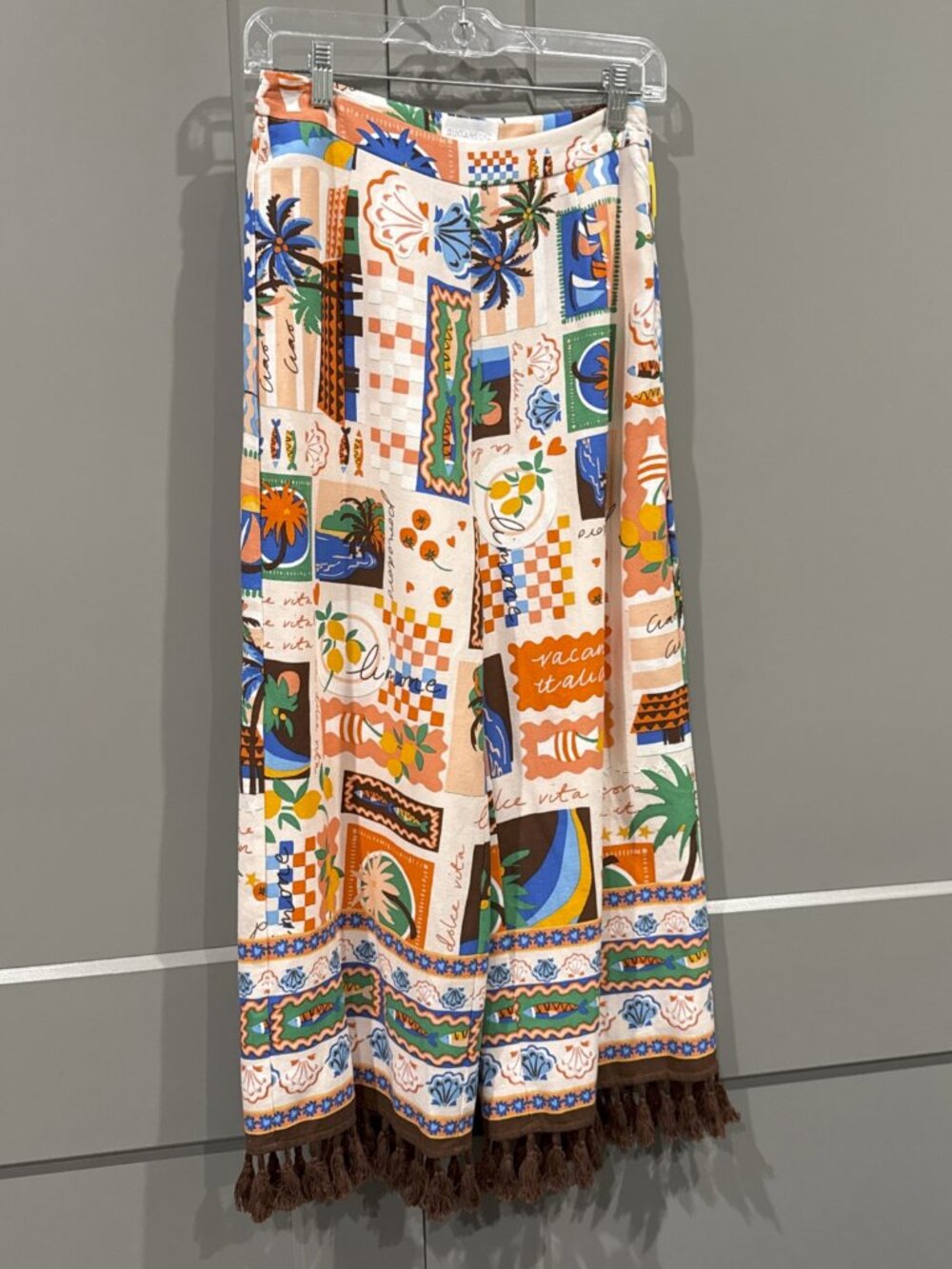 SugarLips Tassel Trim Postcard Tropical Print Wide Crop Fringe Pants Size S